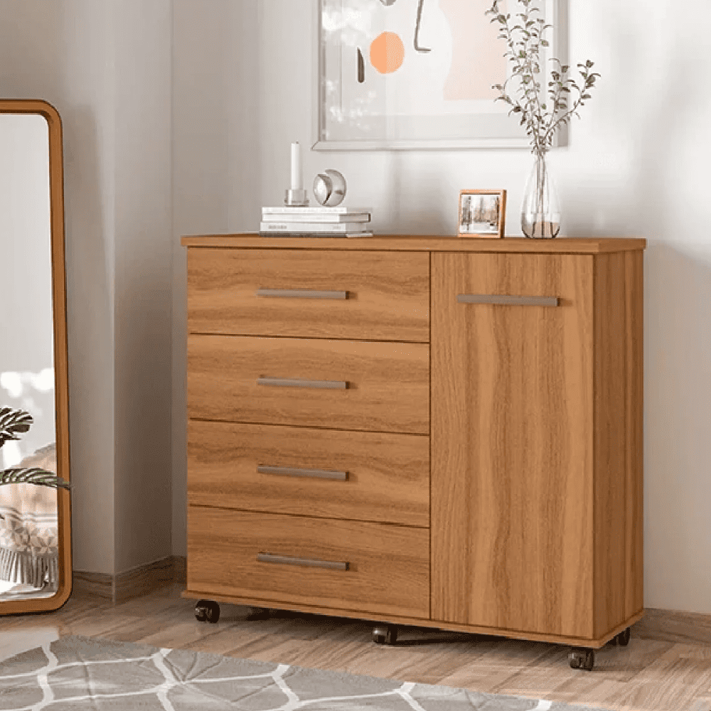 C&ocirc;moda 4 Gavetas 1 Porta Amendola Dem&oacute;bile Flora, Amendoas, large image number 1